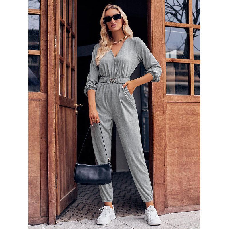 Grey V-Neck Long Sleeves Waist Tie-Ups Basic Jumpsuit
