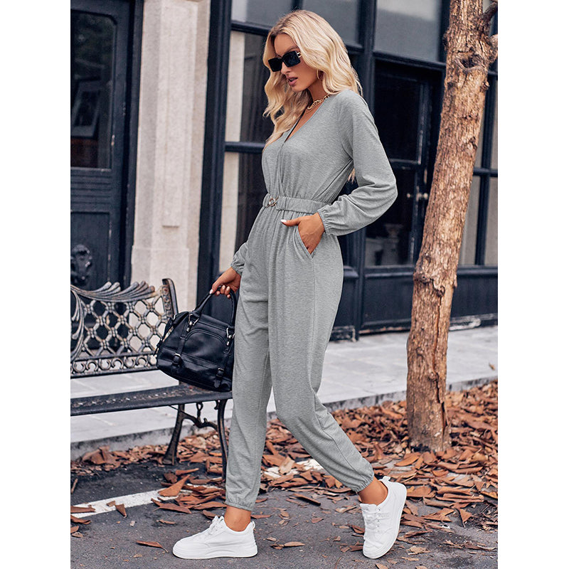 Grey V-Neck Long Sleeves Waist Tie-Ups Basic Jumpsuit