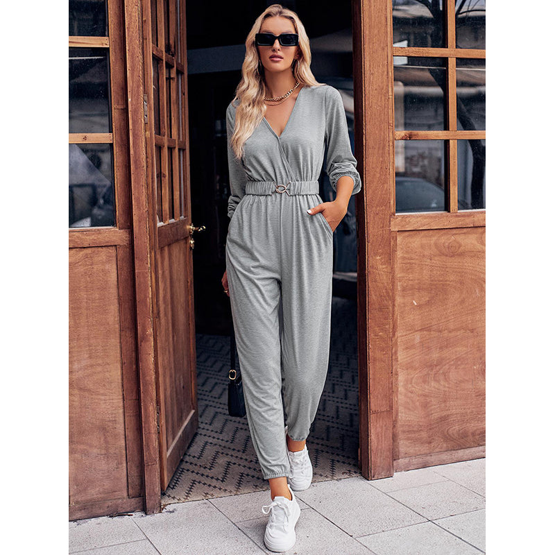 Grey V-Neck Long Sleeves Waist Tie-Ups Basic Jumpsuit