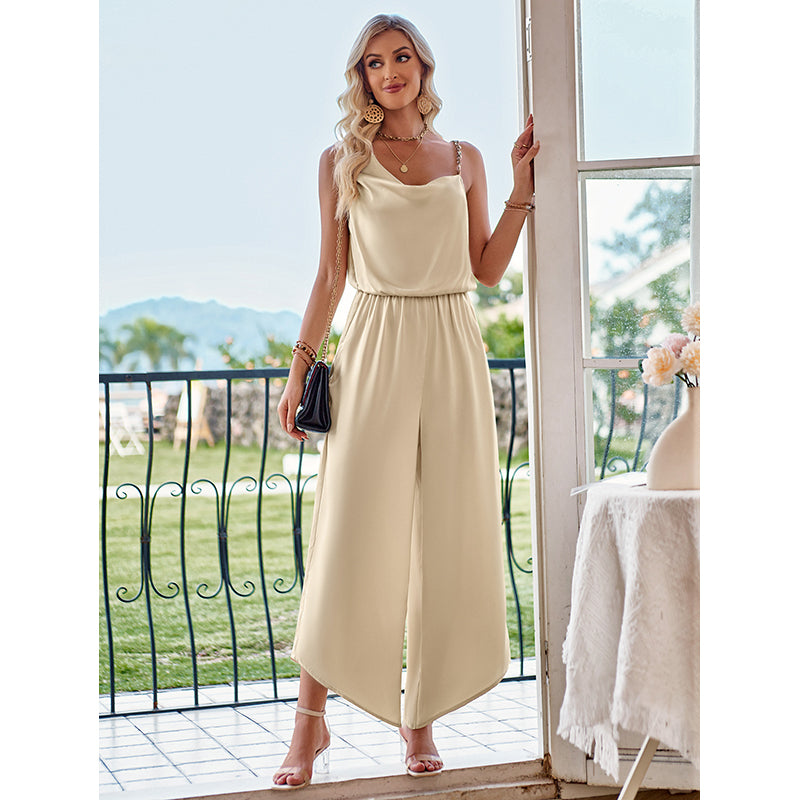 Beige Cowl Neck Basic Jumpsuit