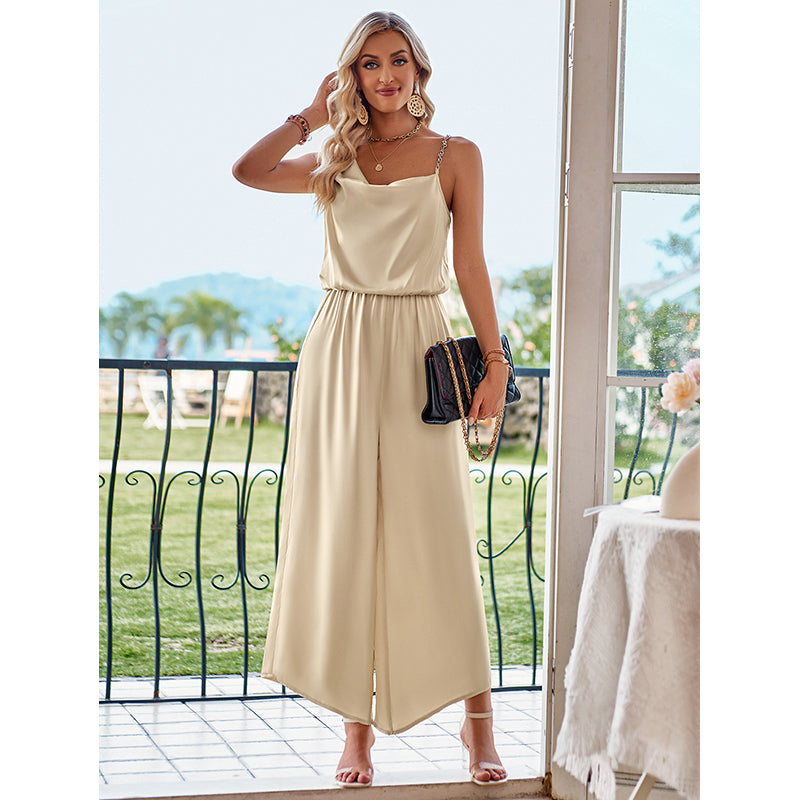Beige Cowl Neck Basic Jumpsuit