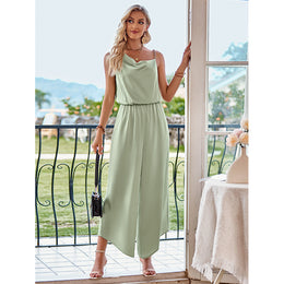 Green Cowl Neck Gathers Basic Jumpsuit