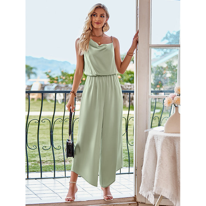Green Cowl Neck Gathers Basic Jumpsuit