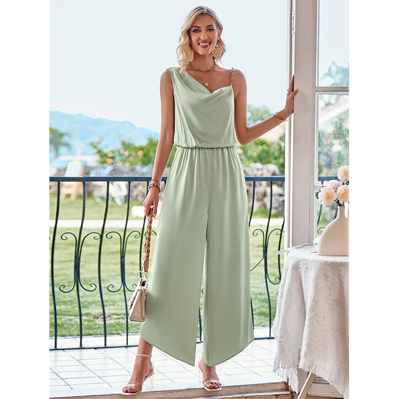 Green Cowl Neck Gathers Basic Jumpsuit