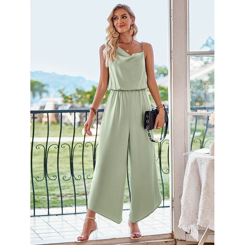 Green Cowl Neck Gathers Basic Jumpsuit