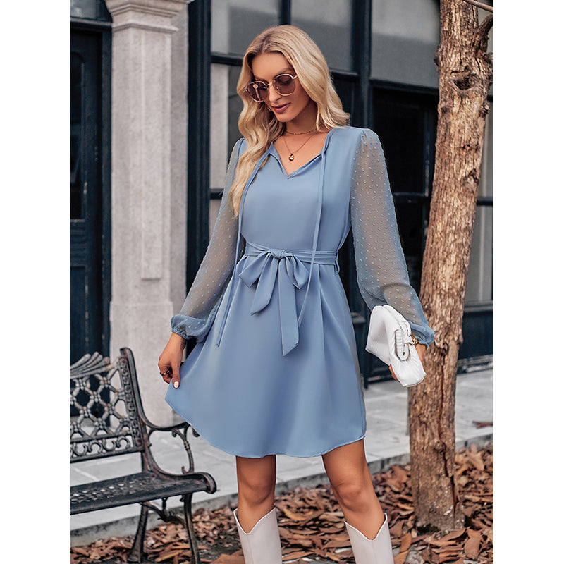 Blue Tie Up Neck Belted A-Line Dress