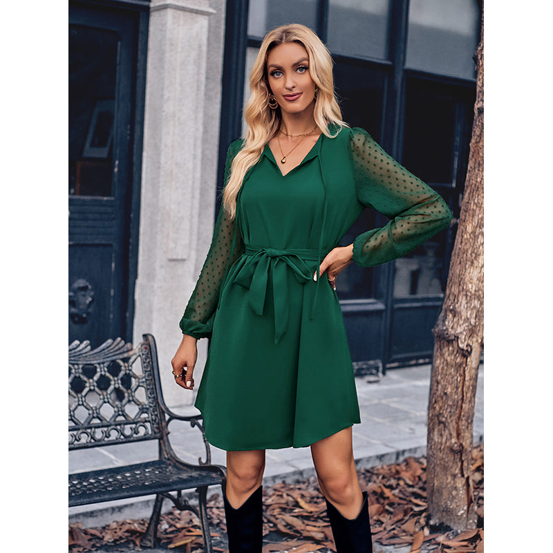 Green Tie-Up Neck Puffed Sleeves A-Line Dress