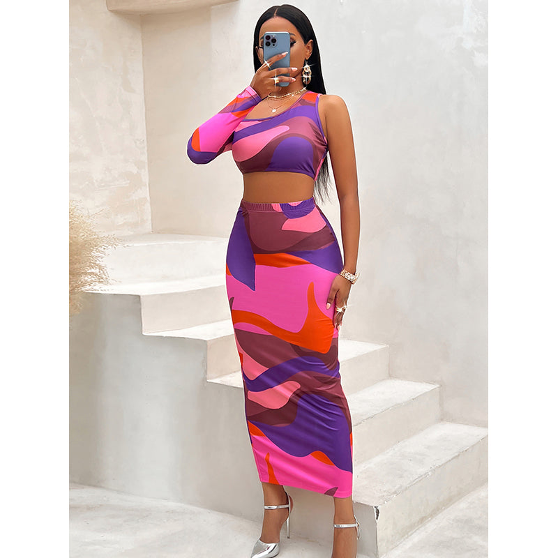 Fuchsia Printed Top and Skirt