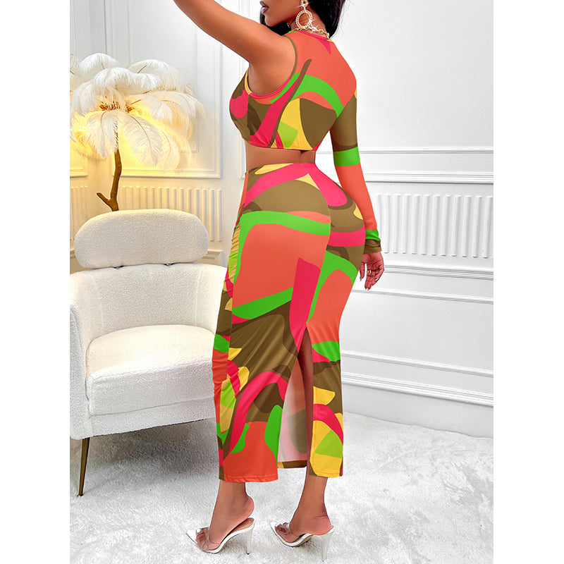 Orange Printed Top and Skirt