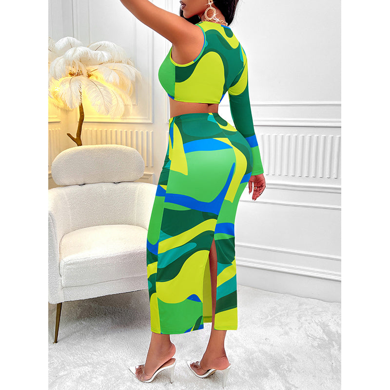 Green Printed Top and Skirt