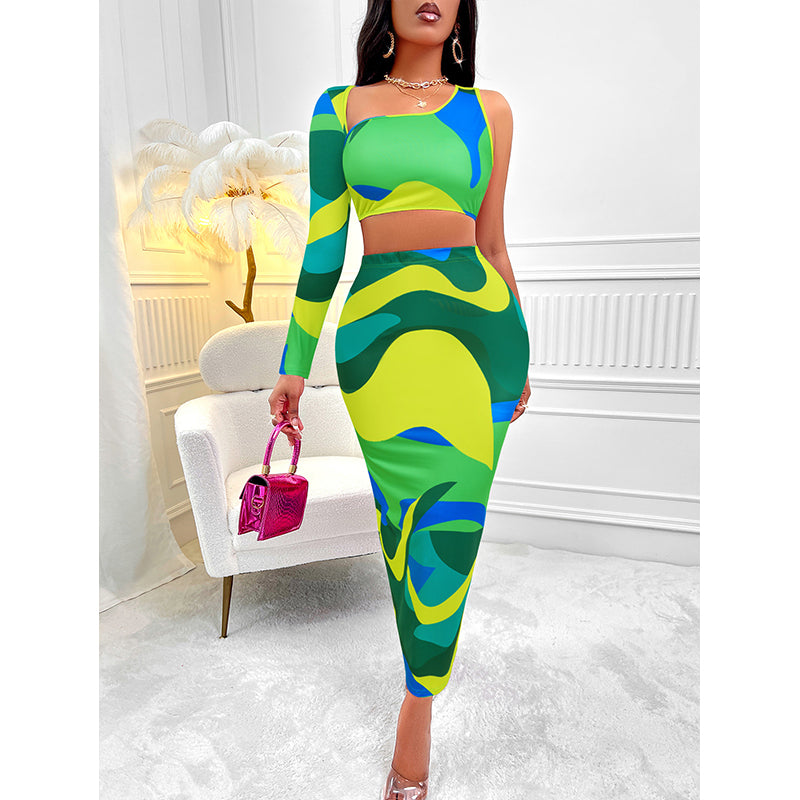 Green Printed Top and Skirt