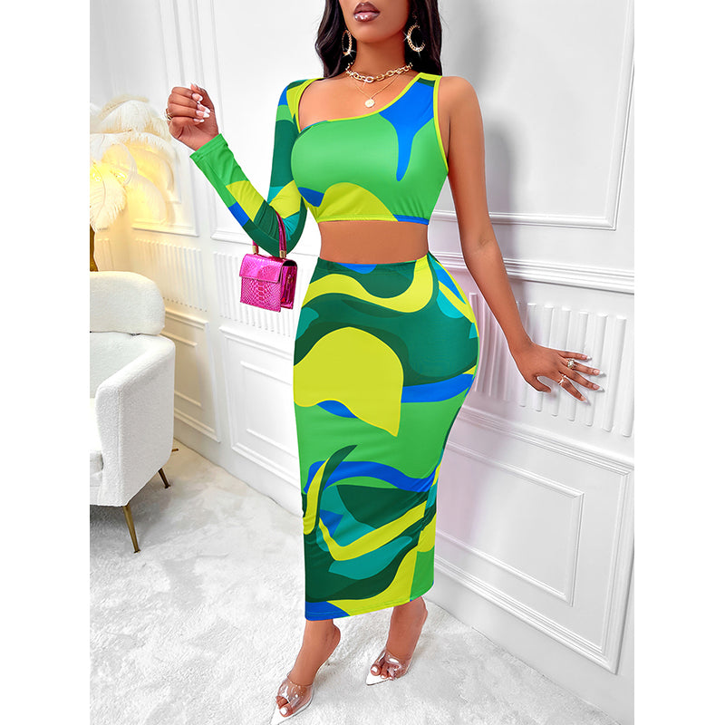 Green Printed Top and Skirt