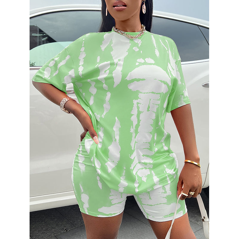Green & White Printed Round Neck Co-Ords