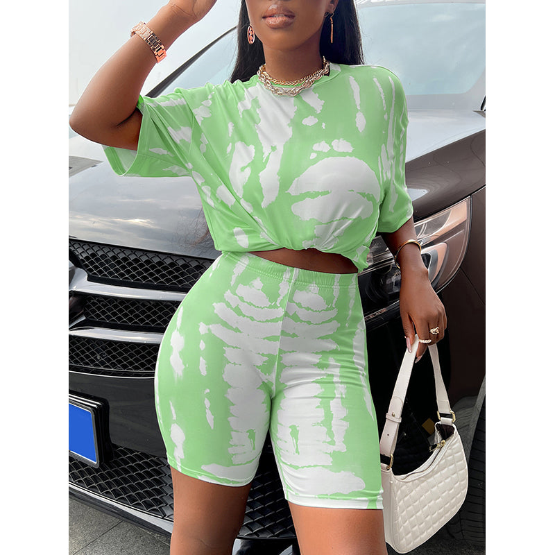 Green & White Printed Round Neck Co-Ords