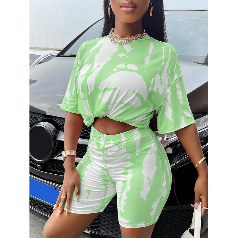 Green & White Printed Round Neck Co-Ords