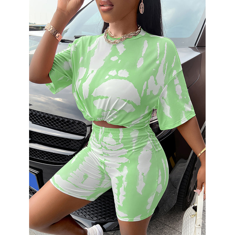 Green & White Printed Round Neck Co-Ords
