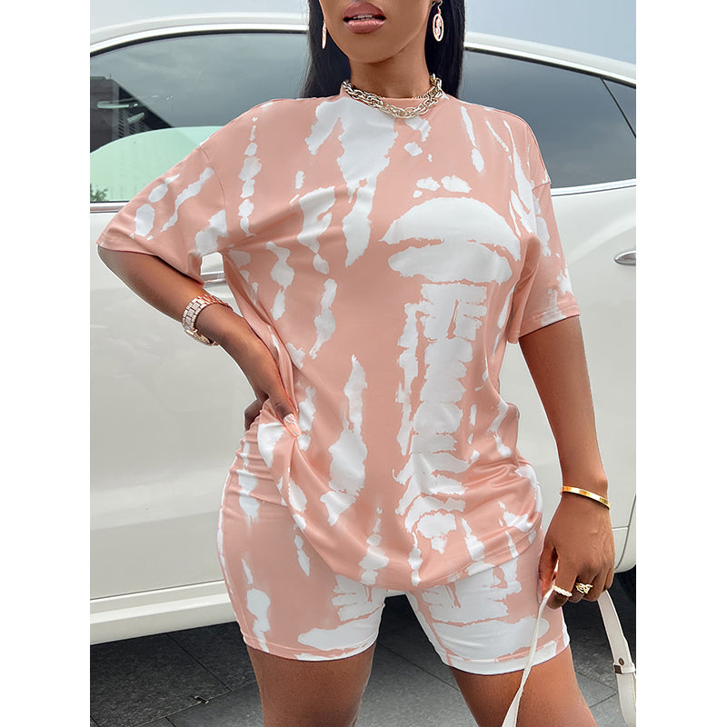 Peach & White Printed Round Neck Co-Ords