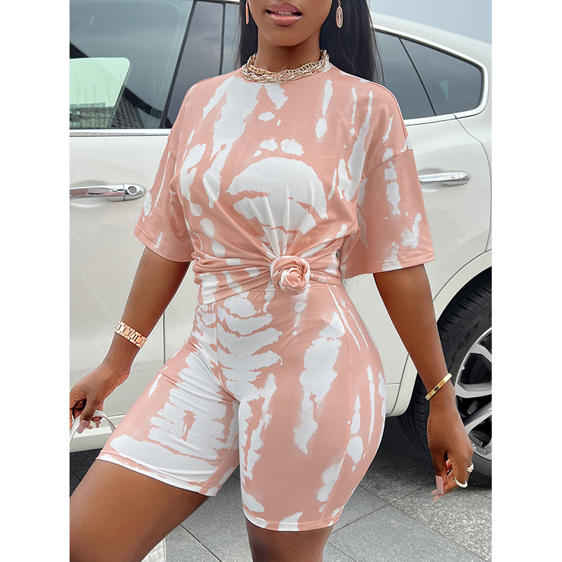 Peach & White Printed Round Neck Co-Ords