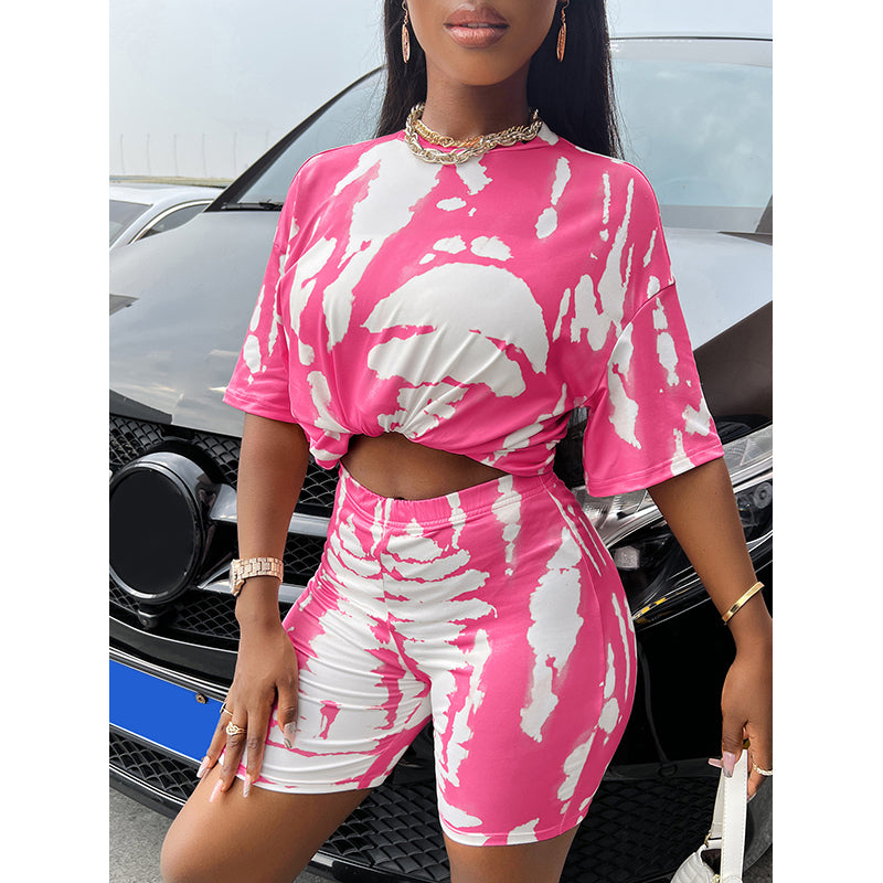 Pink & White Printed Round Neck T-Shirt & Shorts