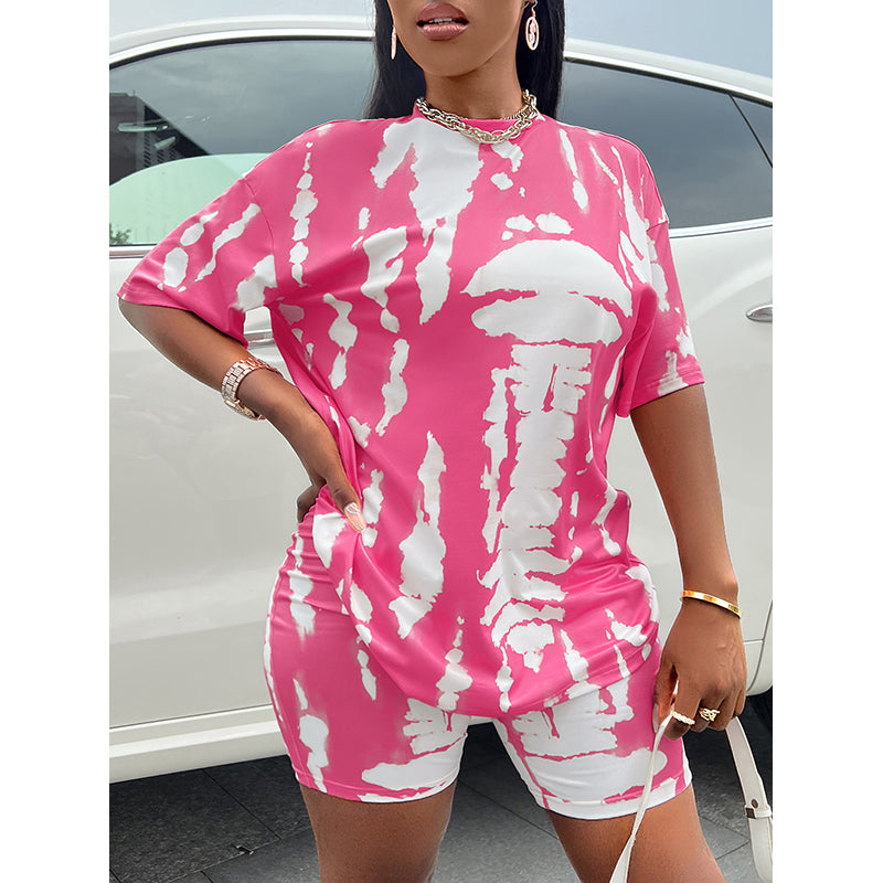 Pink & White Printed Round Neck T-Shirt & Shorts