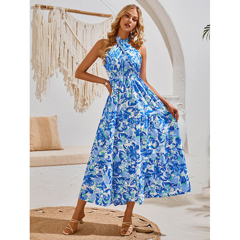 Halter Neck Sleeveless Floral Print Maxi Dress