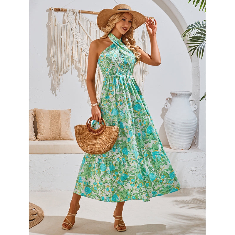 Halter Neck Sleeveless Floral Print Maxi Dress