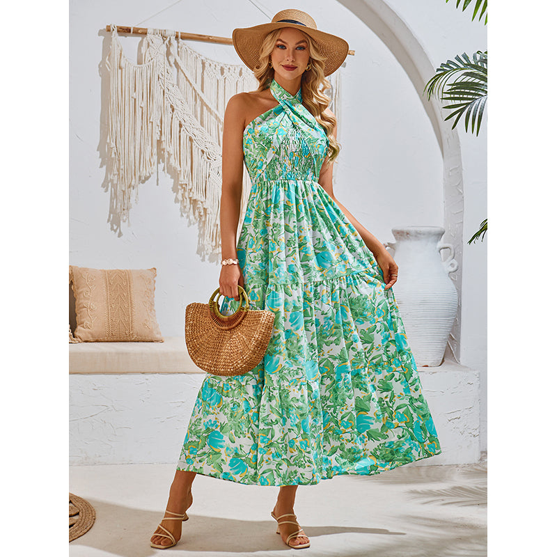 Halter Neck Sleeveless Floral Print Maxi Dress