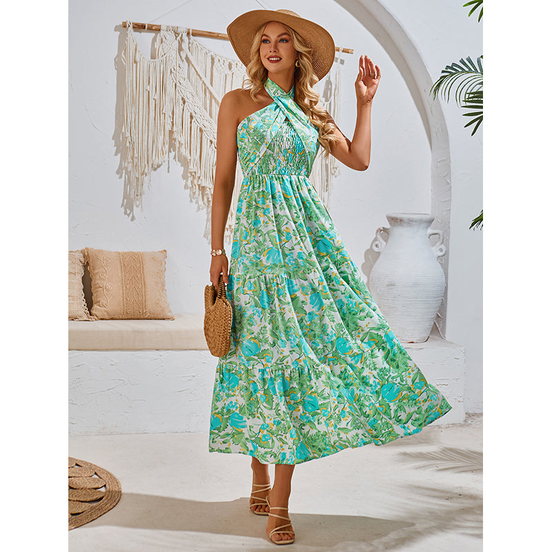 Halter Neck Sleeveless Floral Print Maxi Dress