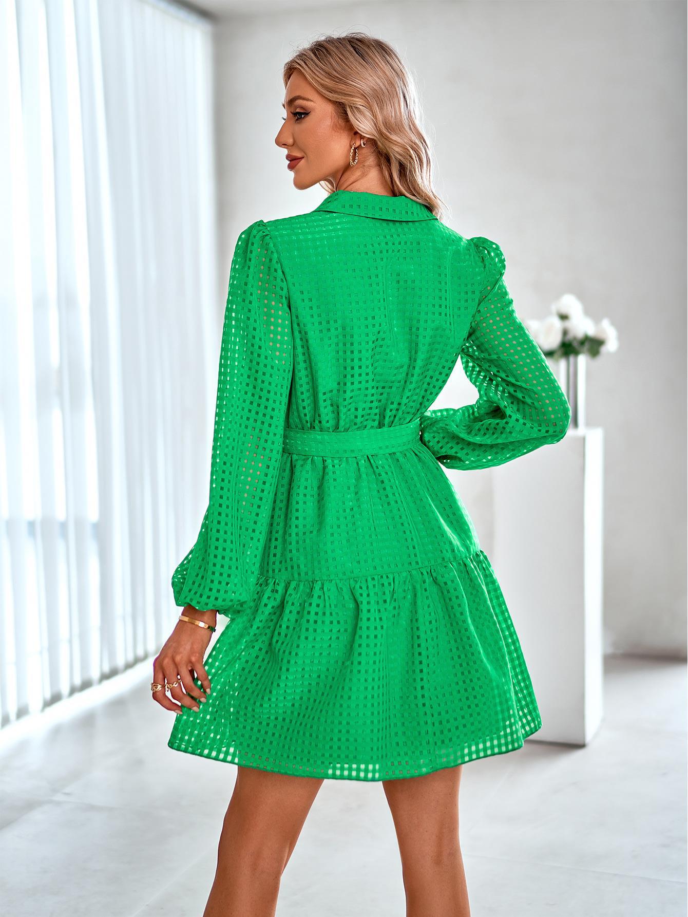 Green Checked Puff Sleeved Shirt Dress
