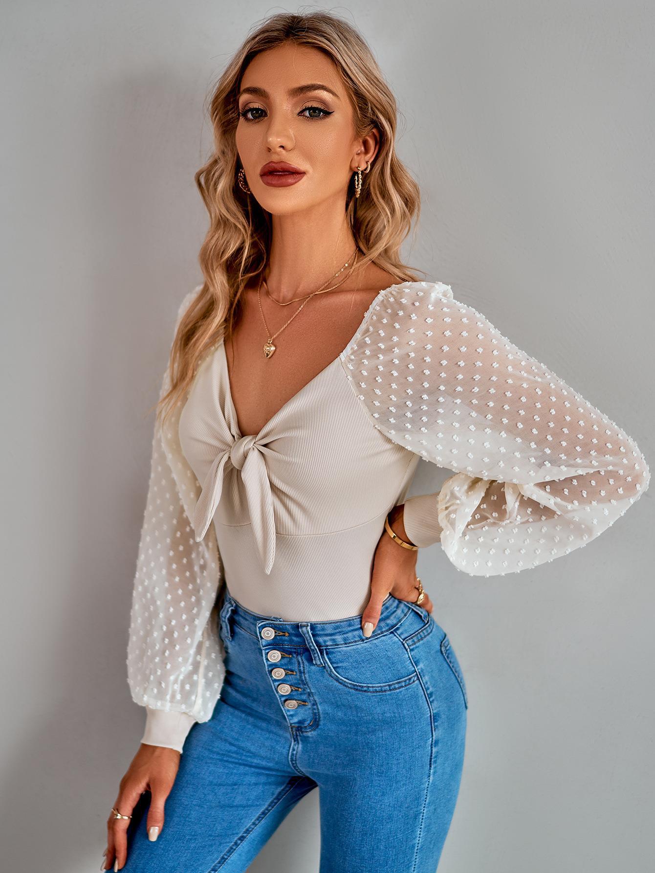 Beige Tie-Up Neck Top
