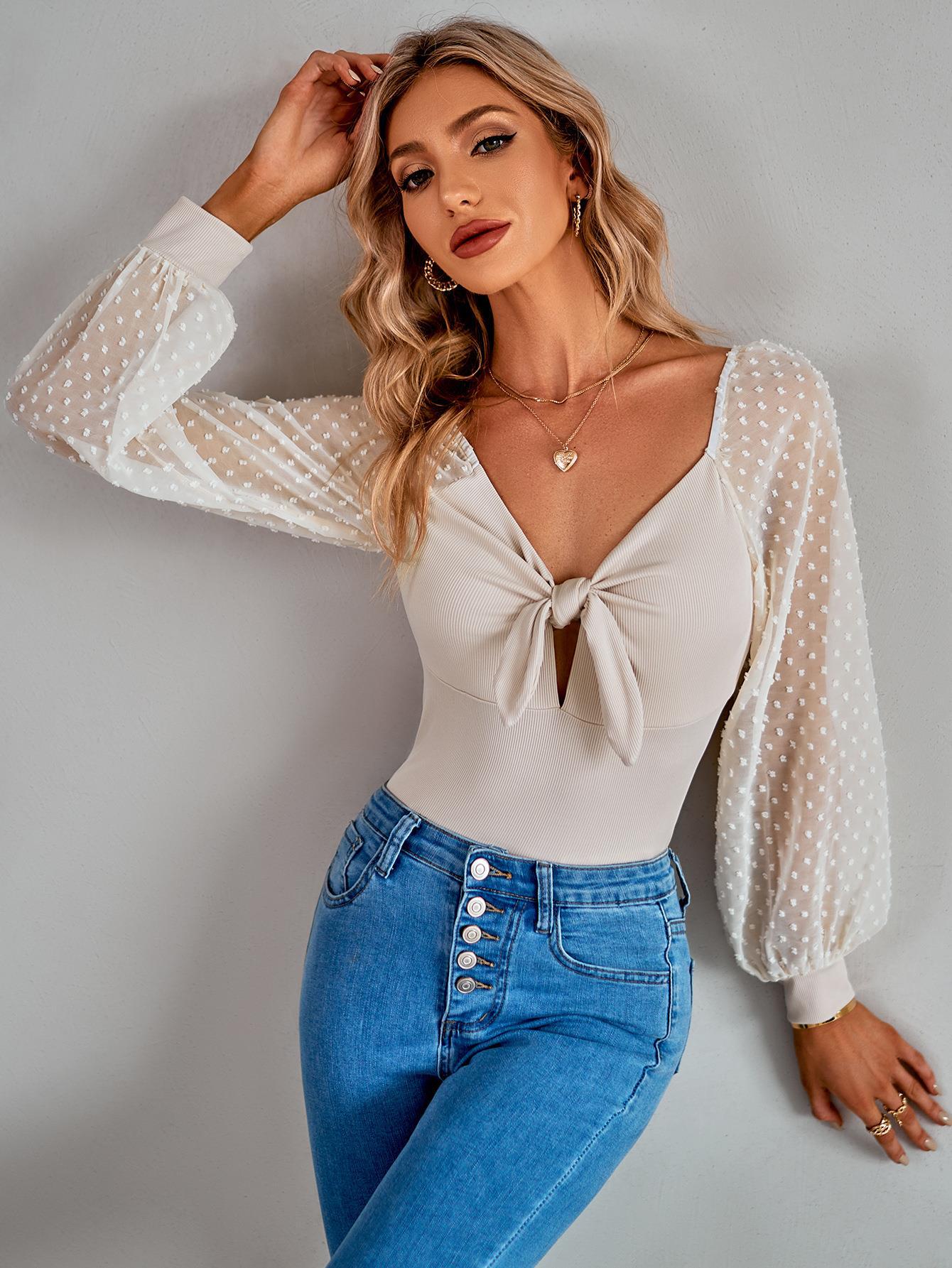Beige Tie-Up Neck Top