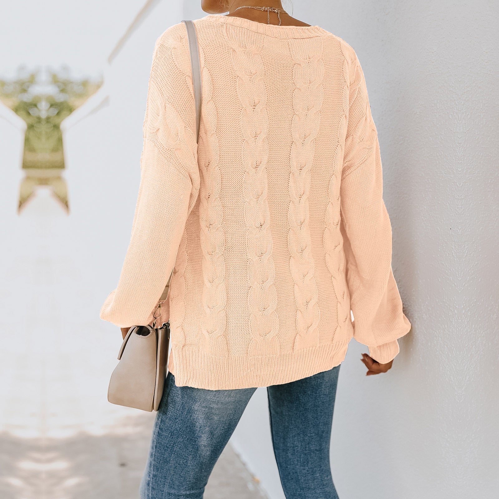 V-Neck Cable Knit Self Design Acrylic Pullover with Embroidered Detail