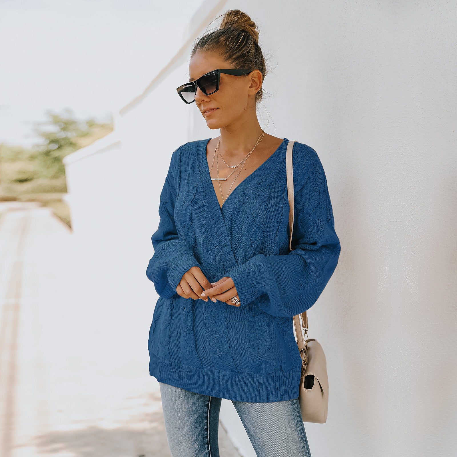Women Blue Cable Knit Pullover with Embroidered Detail
