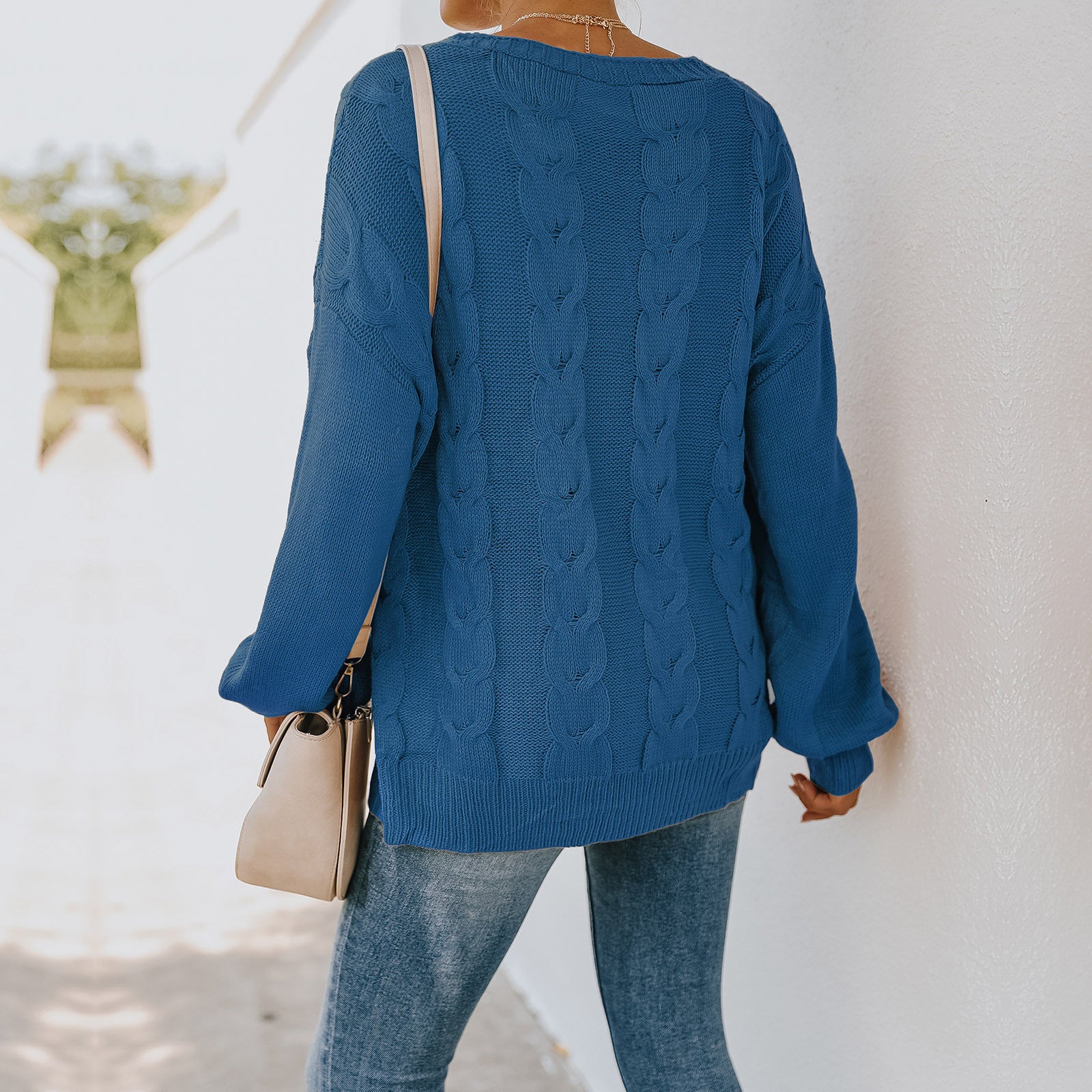 Women Blue Cable Knit Pullover with Embroidered Detail