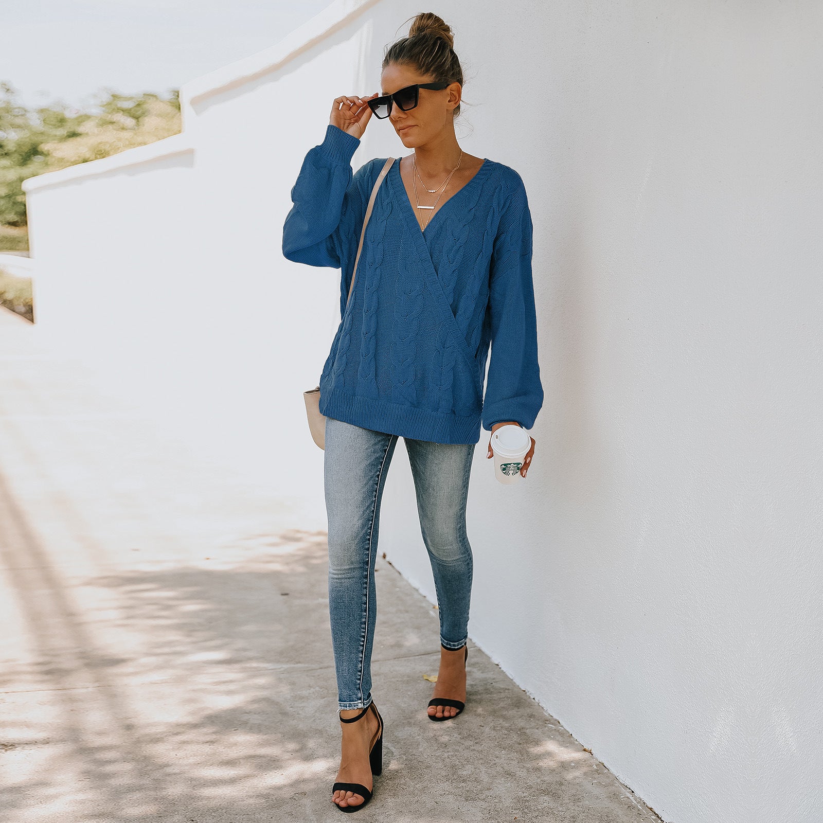 Women Blue Cable Knit Pullover with Embroidered Detail