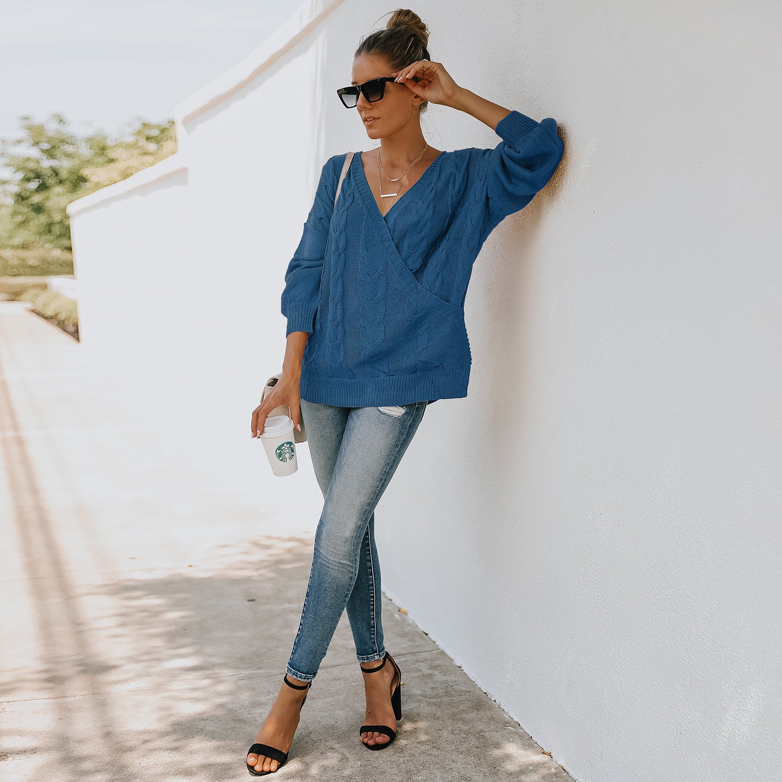 Women Blue Cable Knit Pullover with Embroidered Detail