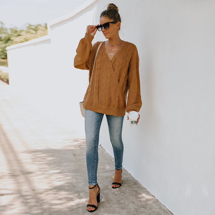V-Neck Cable Knit Acrylic Pullover with Embroidered Detail