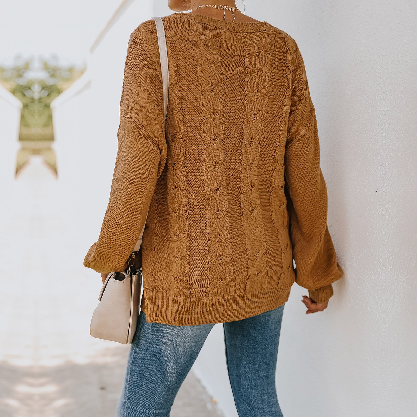 V-Neck Cable Knit Acrylic Pullover with Embroidered Detail
