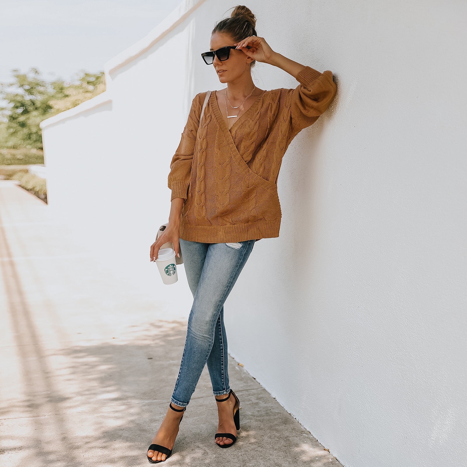 V-Neck Cable Knit Acrylic Pullover with Embroidered Detail