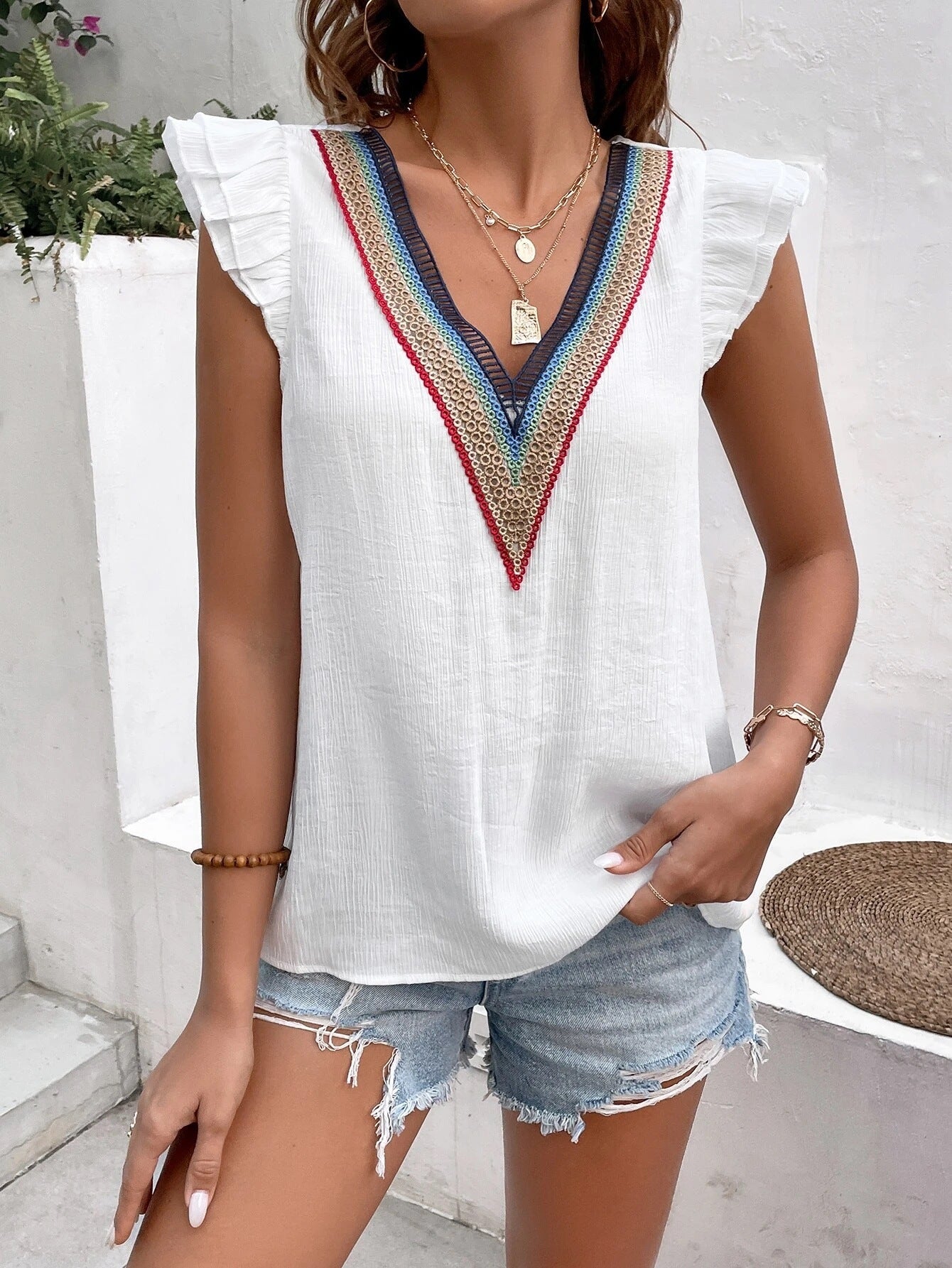 White Flutter Sleeve Lace Inserts Detail Top