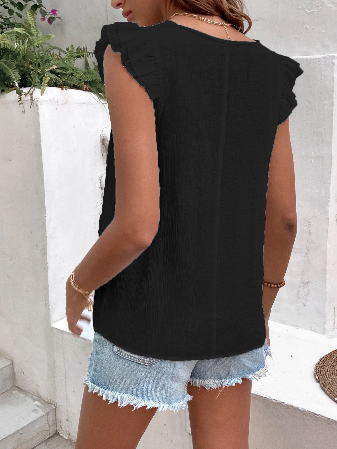 Black V-Neck Flutter Sleeves Top