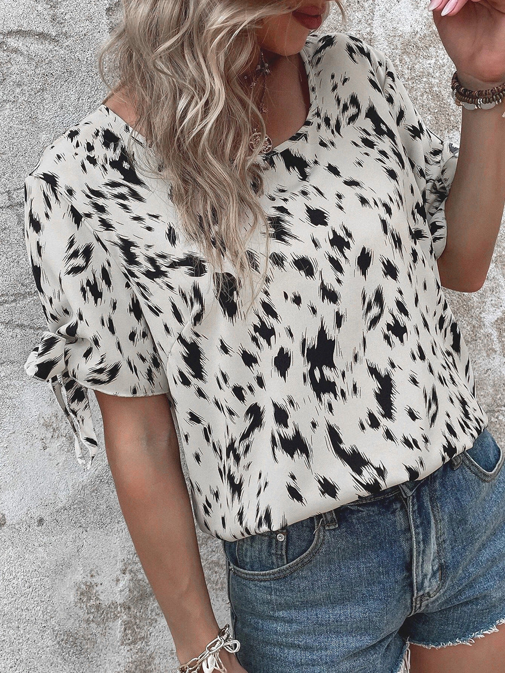 Abstract Printed Flared Sleeves Top