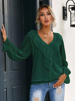 Women Green Bishop Sleeves Ruffles Top