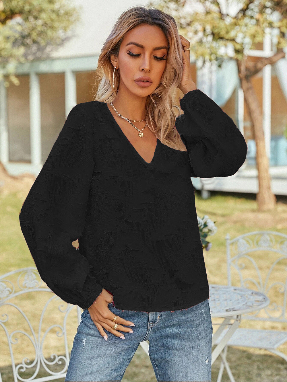 Women Black Bishop Sleeves Top