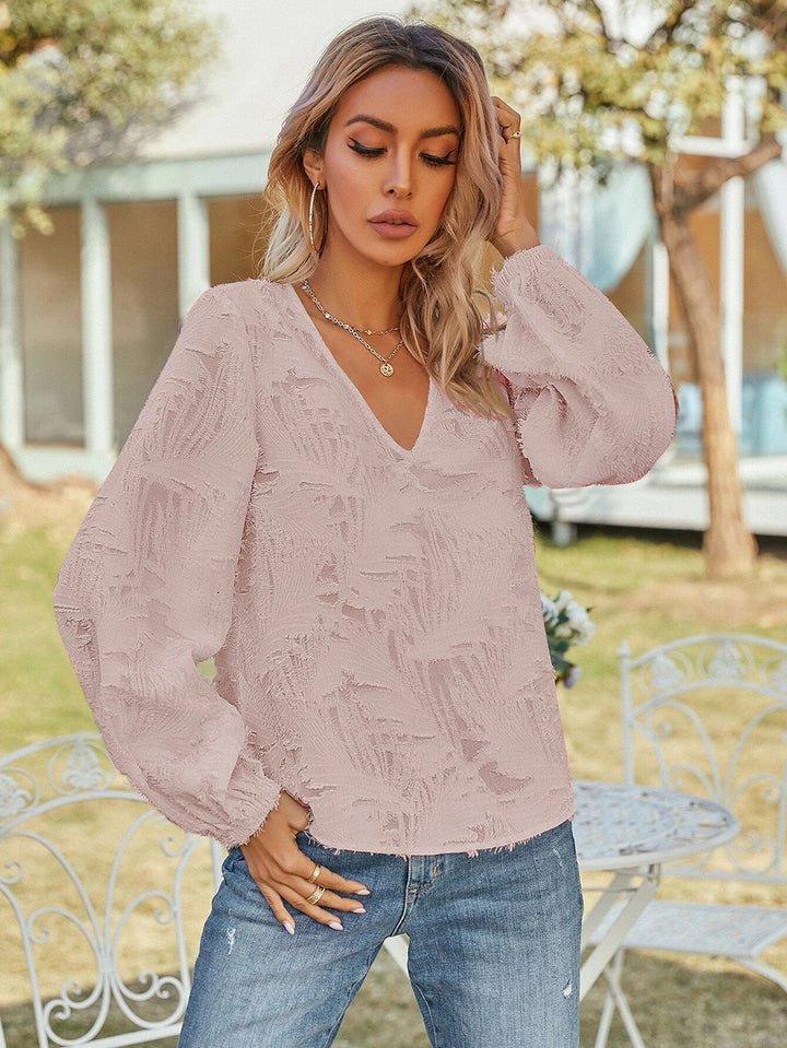 Pink V-Neck Self Design Casual Top