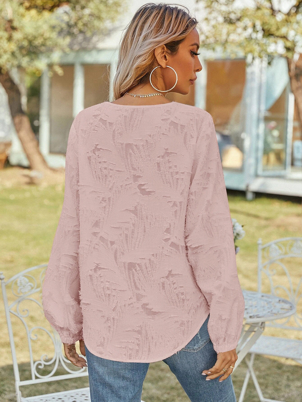 Pink V-Neck Self Design Casual Top