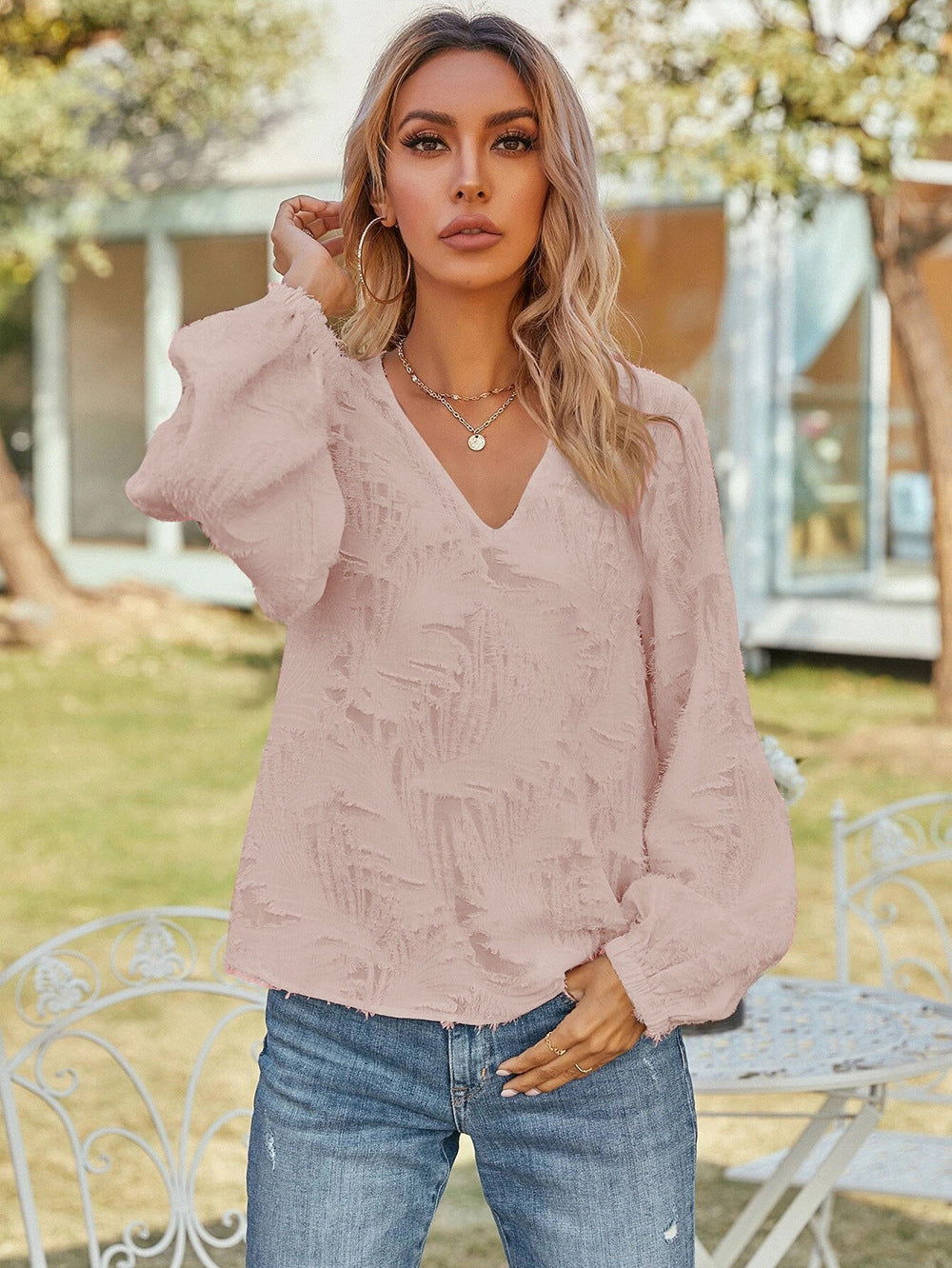 Pink V-Neck Self Design Casual Top