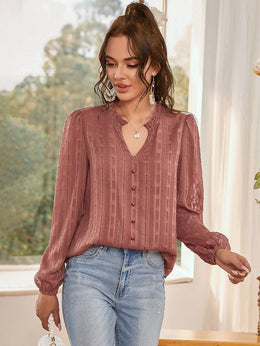 Women Brown V-Neck Sheer Top