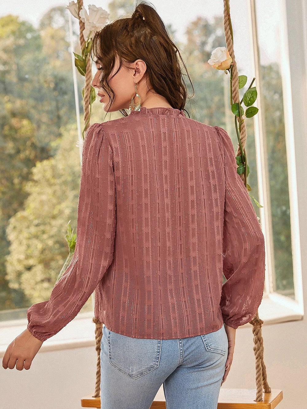 Women Brown V-Neck Sheer Top