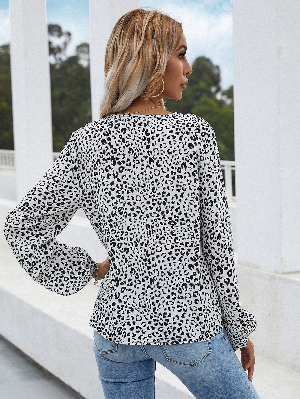 White & Black Animal Print Blouson Top